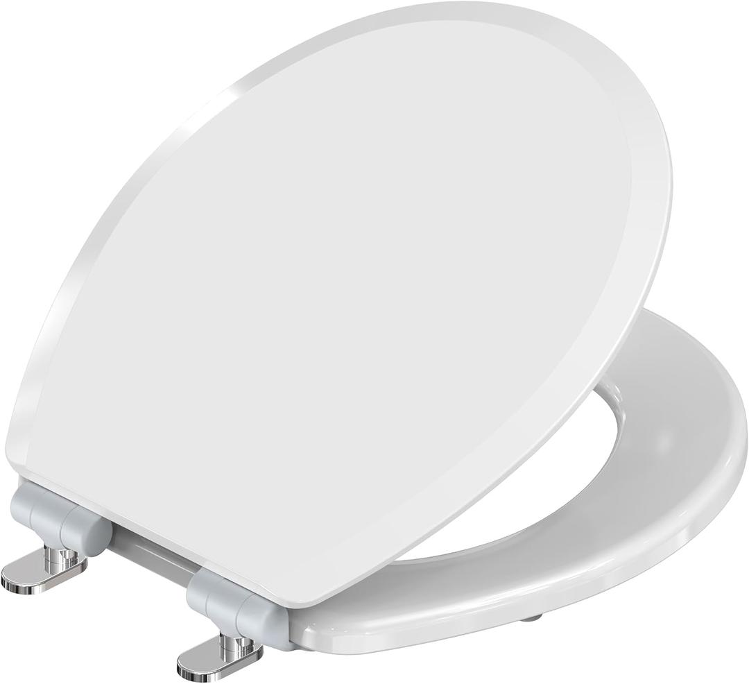 Pro Elite Heavy-Duty Wood Toilet Seat Round, White, Magnetic Quick-Release Easy-Clean and Change, HushMotion Soft Close, StainShield High-Gloss Finish, Arch-Tite Secure Fit