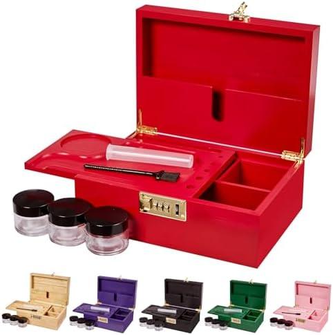 Lockable bamboo storage box with removable tray and partitioned wooden decorative storage box, including jars, brushes (red)