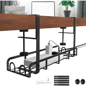 Sleclean Under Desk Cable Management Tray - 16.6"x4.7" Steel Organizer With Upgraded Long Arm Clamp, No Drill Installation for Home Wire Management, No Damage to Desk