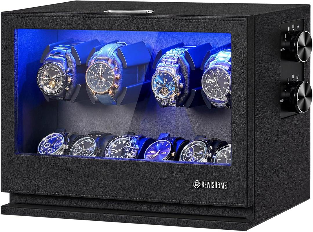 BEWISHOME Watch Winders for Automatic Watches, 4 Watch Winder and 6 Watch Display Case with Led Light 4 Modes, Automatic Watch Winder Box with Japanese Quiet Motor USB-C Adapter, Black SYQ04B