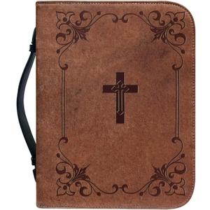 Talayituse Bible Cover for Women and Men - PU Leather Case, Bag, Tote, Book Carrying Case - Christian Accessories (Large, Brown Cross Floral)