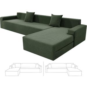 ZNSAYOTX Sectional Couch Covers, Stretch Jacquard Slipcovers with Elastic Bottom for L-Shape Sectional Sofa, 2 Pcs Pet Friendly Modular Sofa Protector (3 Seat Couch + 3 Seat Chaise, Army Green)