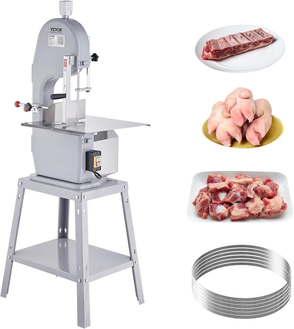 Commercial Electric Meat Bandsaw, 1500W Stainless Steel Vertical Bone Sawing Machine, Workbeach 19.3" x 15", 0.16-7.9 Inch Cutting Thickness, Frozen Meat Cutter with 6 Blades for Rib Pork Beef (Silver)