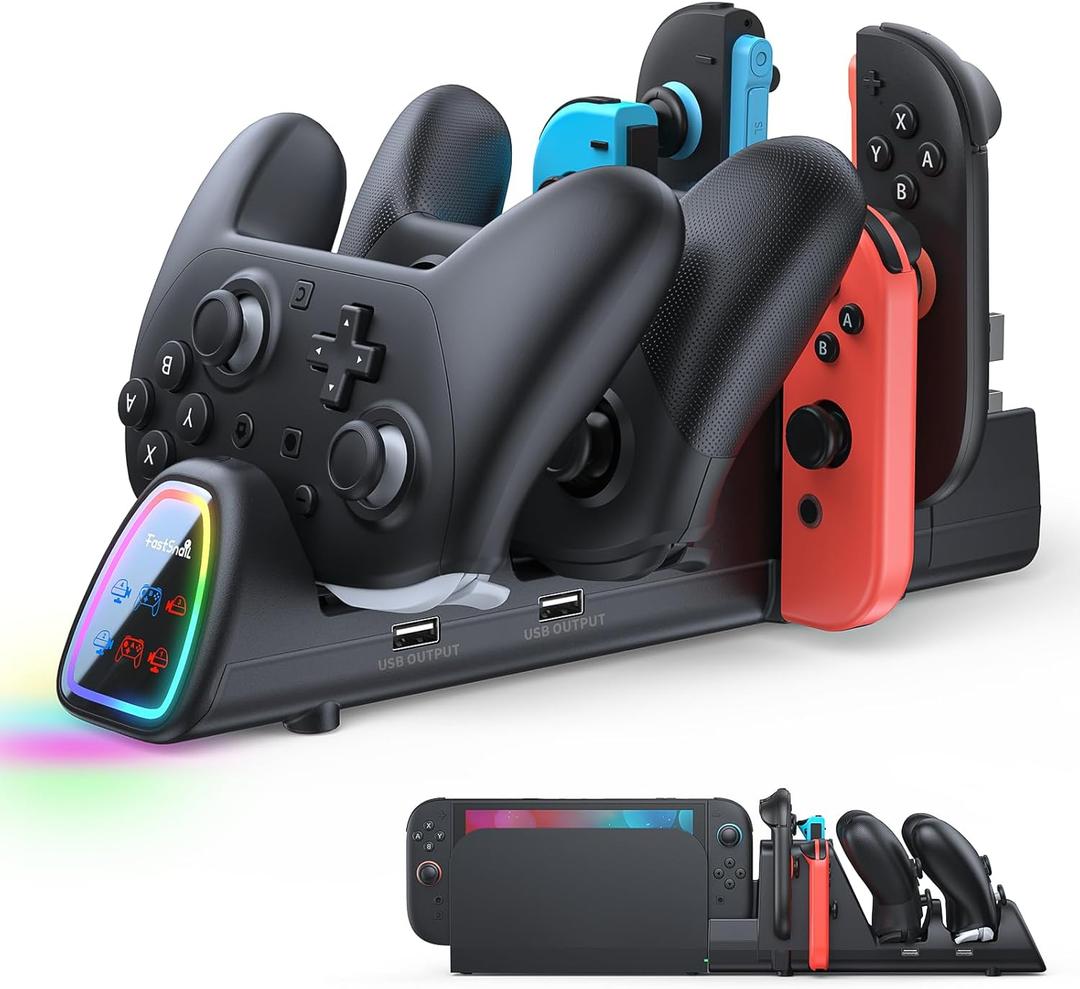 FASTSNAIL [Switch 1/2 Compatible] Controller Charging Dock for Nintendo Switch 2/1 for Joycon 2, 10 in 1 Fast Controller Charger Station Stand for Pro Controller 2/1 with 11 RGB Modes, LED Indicator (Black)