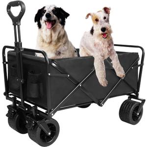 Collapsible Beach Wagon with All-Terrain Big Wheels,Folding Wagon Carts Heavy Duty with Adjustable Handle for Outdoor,Garden,Sports and Grocery, 220lbs Capacity, Black