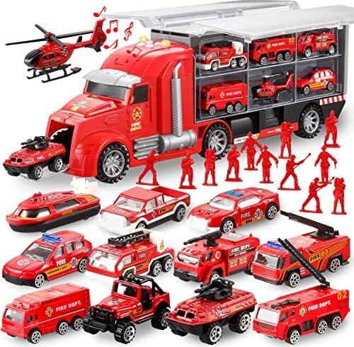 JOYIN 23 in 1 Fire Truck Vehicle Toy Set with Sounds and Lights, Fire Engine Vehicles in Carrier Truck, Mini Rescue Emergency Car Toy, Christmas Birthday Gifts for Over 3 Years Old Boys
