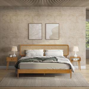 NTC Lupin Wooden Bed Frame with Headboard and Natural Rattan, Solid Oak/Rubber Wood Foundation with Silent Slats, 1000 Lb Capacity, Effortless Assembly (Natural Cane - Rustic Oak, King)