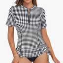 LURANEE Women's Short Sleeve Rash Guard Shirts UPF 50+ Side Adjustable Wetsuit Swimsuit Top (Black Houndstooth, Small)