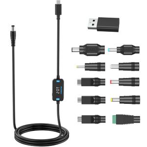 FARSENSE USB C to DC Adapter,Barrel PD Trigger Cable(3.3ft) with 10 Connector Tips,USB to DC Power Cable can Switch Voltage by Pressing The Key,Support LED Display Voltage