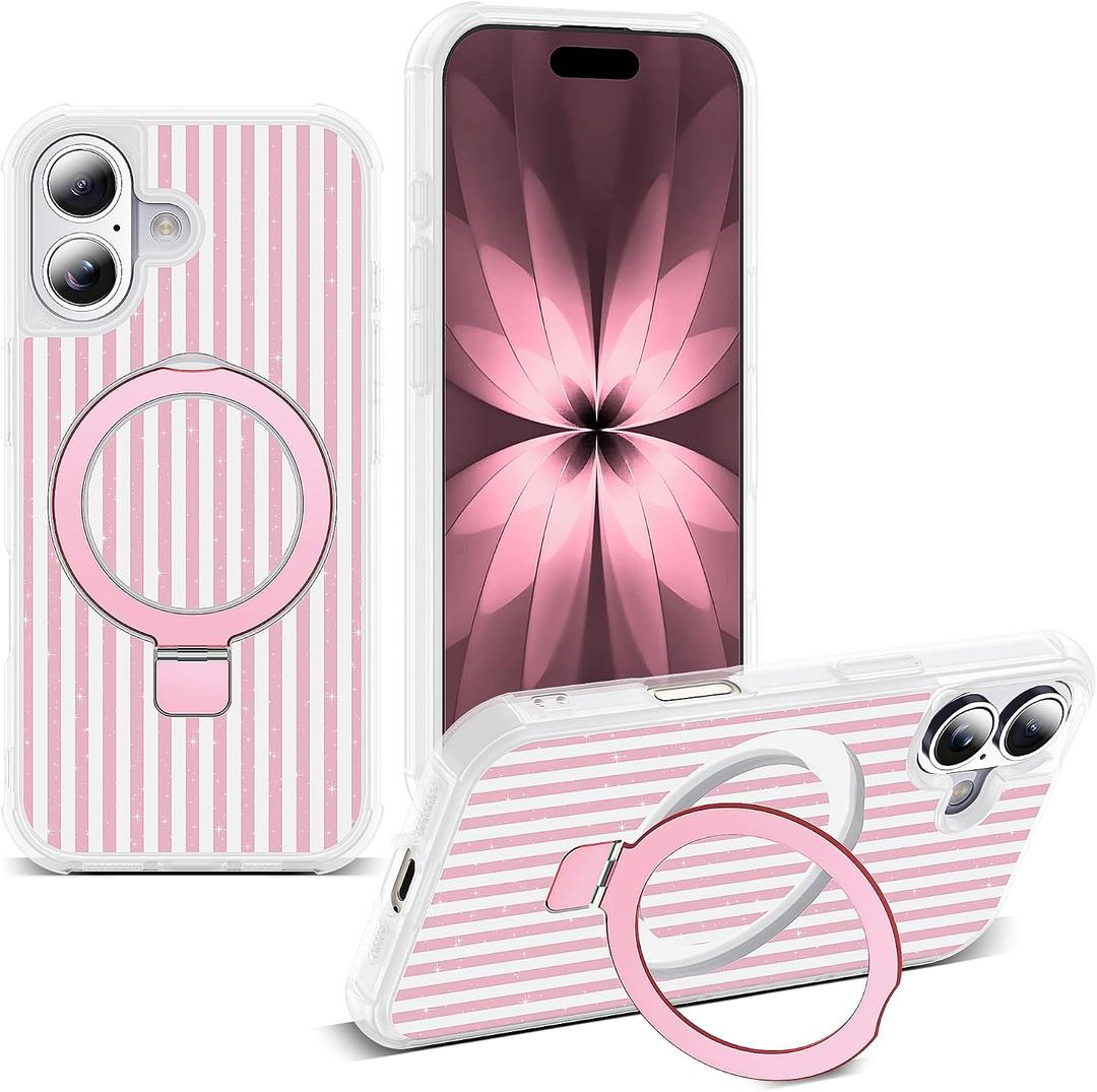 Compatible with Striped iPhone 17 Case with Stand,6.3" T-Pink