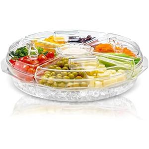 Chef's Star 16 Inch Clear Extra Large Acrylic Appetizer Serving Tray, 8 Compartment Vegetable Tray with Lid, Cocktail Serving Dish, Large Iced Food Platter for Lunch, Dinner, Picnics Parties