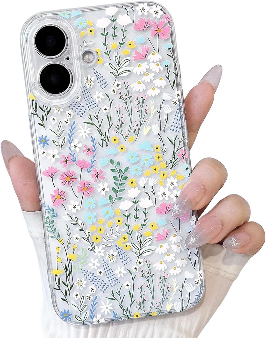 Lovmooful Compatible for iPhone 16 Plus Case Clear Cute Flower Floral Leaf with Color Design for Girls Women Soft TPU Shockproof Protective Girly for iPhone 16 Plus Case-Floral
