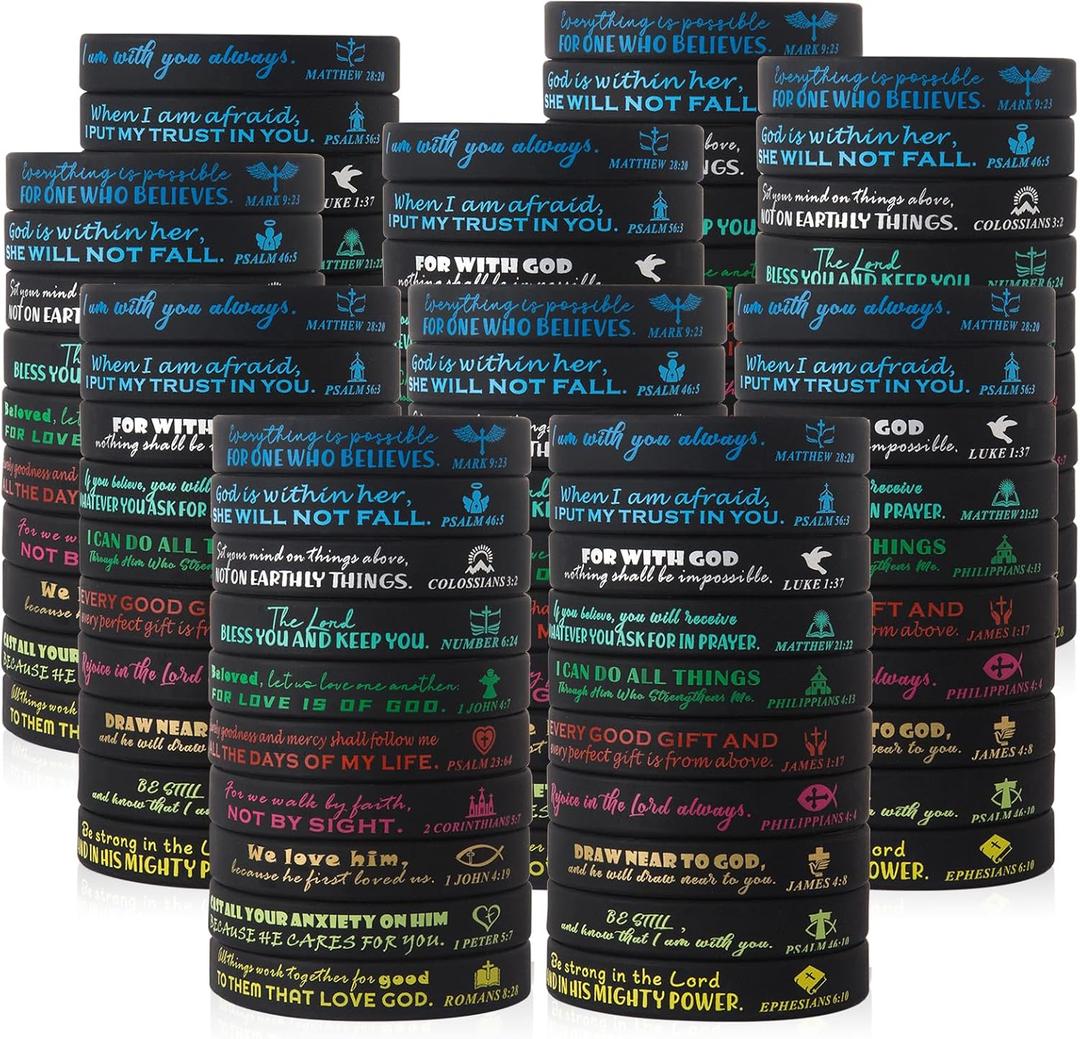 100P Religious Silicone Wristbands Bulk Bible Rubber Bracelets Faith Hope Belief Wristbands for Men Women Gifts (Black)
