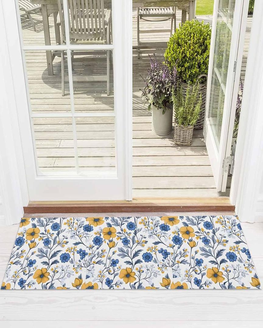 Runner Rug, Abstract Flower Blue Yellow Kitchen Rugs Non-Slip Washable Doormat Low Profile Hallway Runner for Bathroom Entryway Indoor Outdoor 18x47 Inch Spring Summer Leaf White