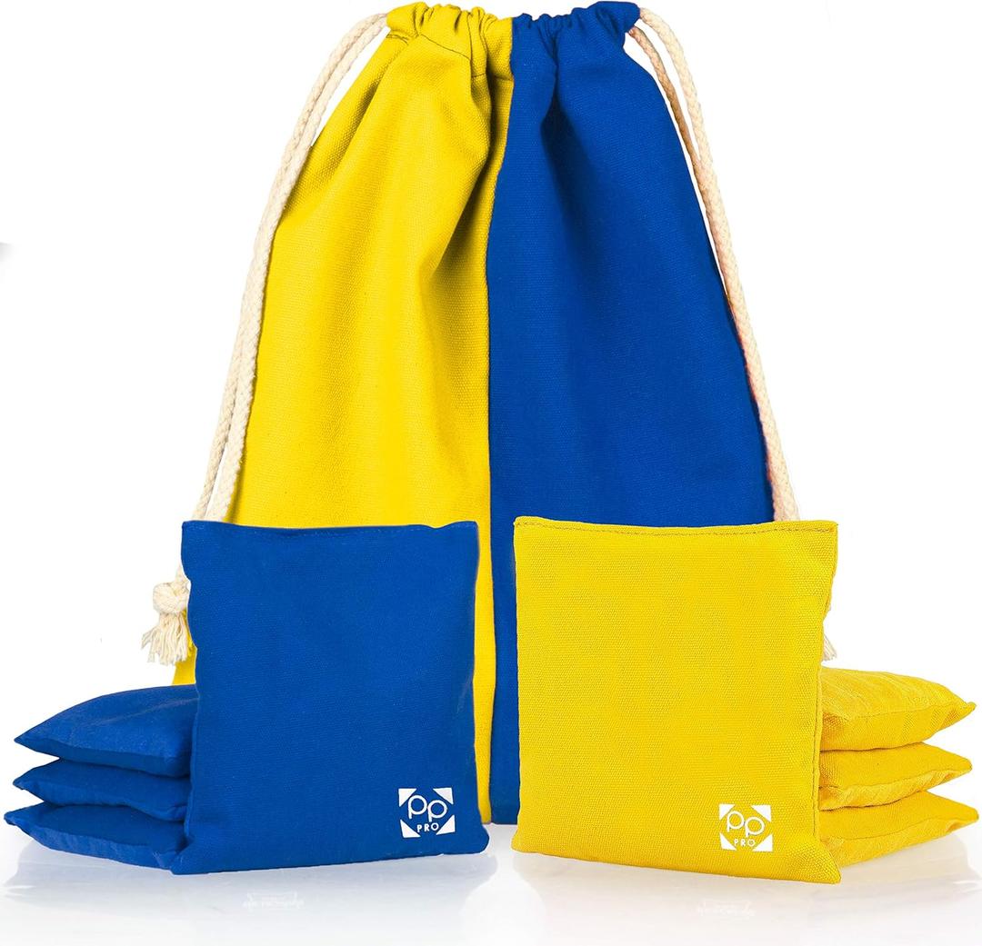 Professional Cornhole Bags - Set of 8 Regulation All Weather Double Sided - Sticky Side/Slick Side Bean Bags for Pro Corn Hole Game (Yellow & Blue)