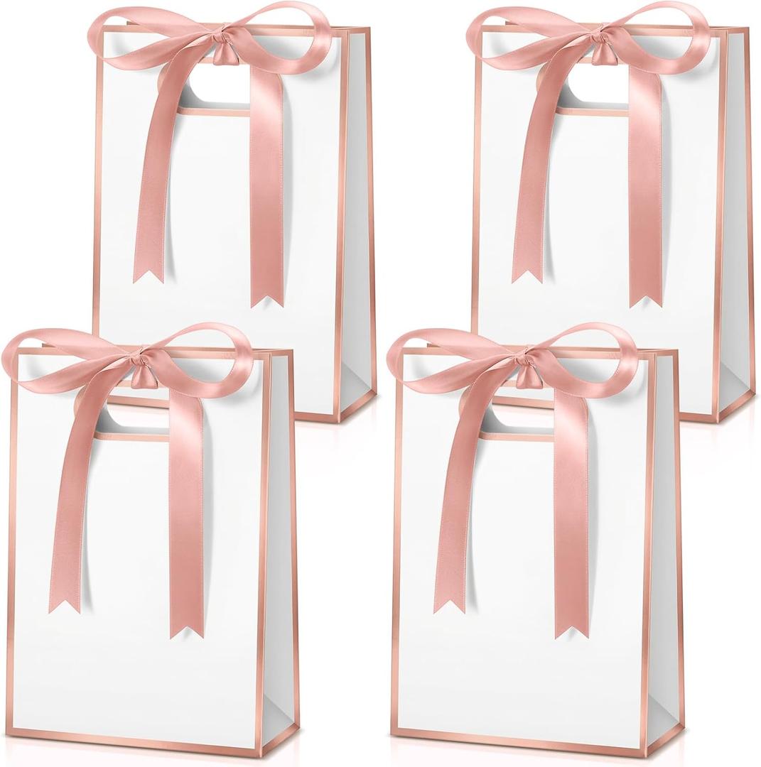 Kolldenn 30 Pcs Thank You Gift Bags with Handles 10.2 x 7.1 x 3.2 Inch Elegant Party Favor Bags with Ribbon Bow for Wedding Bridal Birthday Bridesmaid Holiday Party Supplies (Rose Gold)
