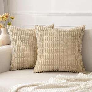 MIULEE Pack of 2 Corduroy Decorative Euro Sham Throw Pillow Covers 22x22 Inch Soft Boho Striped Pillow Covers Modern Farmhouse Home Decor for Sofa Living Room Couch Bed Tan