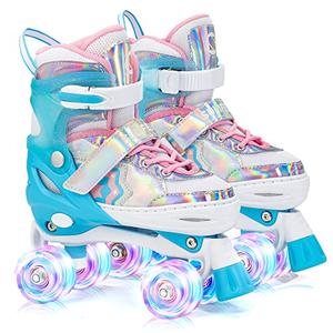 SULIFEEL Rainbow Unicorn 4 Size Adjustable Roller Skates for Girls Boys for Kids Ages 3-5 5-8 6-12 Children Skates Indoor Outdoor, L (37-39)