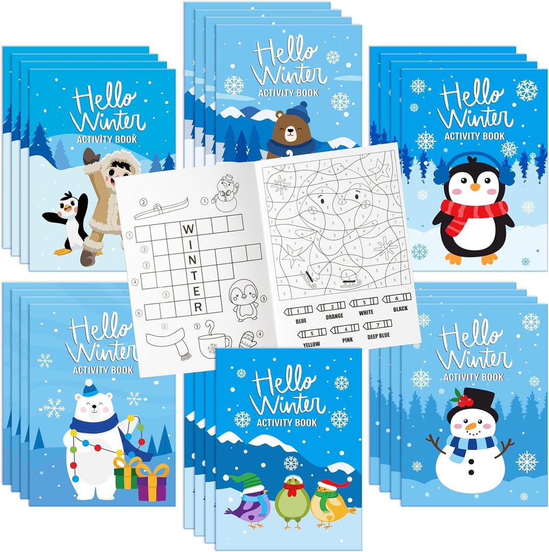 ANGOLIO 24Pcs Hello Winter Activity Coloring Books Including Snow Snowman Polar Bear Penguin DIY Art Drawing Patterns Learn Math Party Favors Christmas Gifts Home Classroom Activity Supplies for Kids