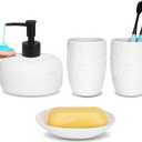 Bathroom Accessories Set, 4pcs Ceramic with Embossed Design Look Sets Bathroom Soap Dispenser 13.5oz & 2Pcs Ceramic Cup, 1Pcs Soap Dish