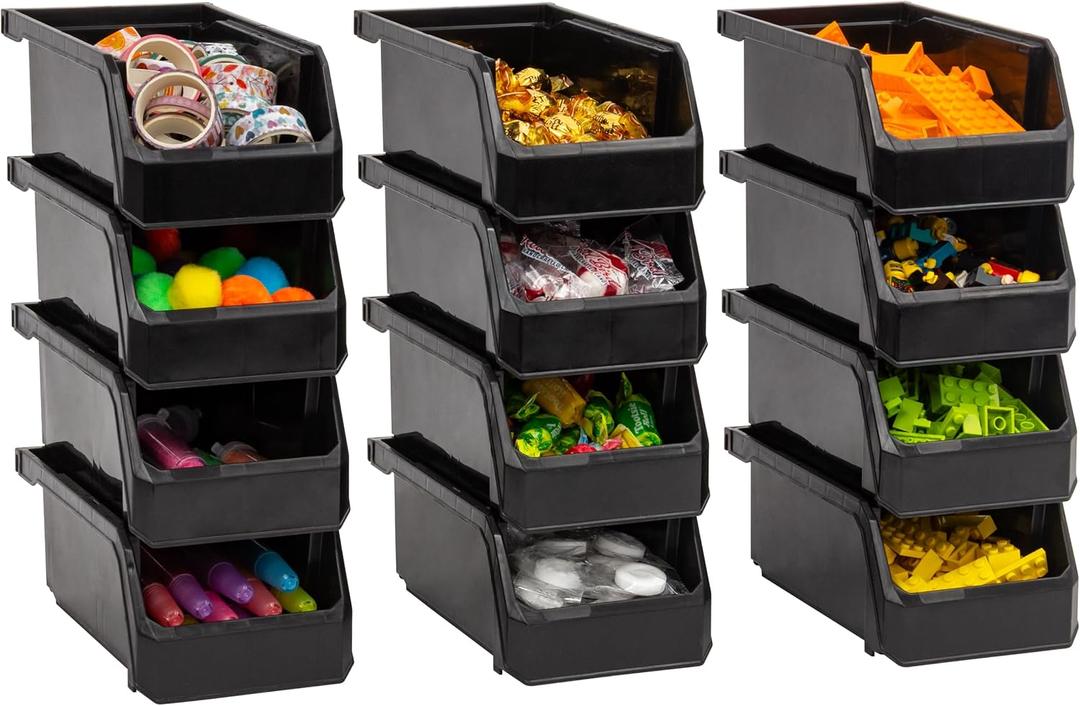 ReadySpace Small Stackable Plastic Storage Bins, 12-Pack, Black