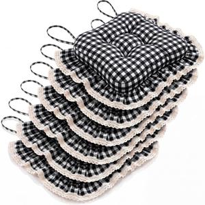 SiliFine 6 Pcs Ruffled Chair Cushions, Seat Pads with Ties, Gingham Black, 15 x 16 x 2 inches