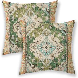 BETGINY Boho Pillow Covers 18x18, Olive Green Ethnic Design Outdoor Decorative Throw Pillows for Couch, Carpet Pattern Decor Cushion Cover 2 Pcs Farmhouse Linen Pillowcase for Bed Car Safa