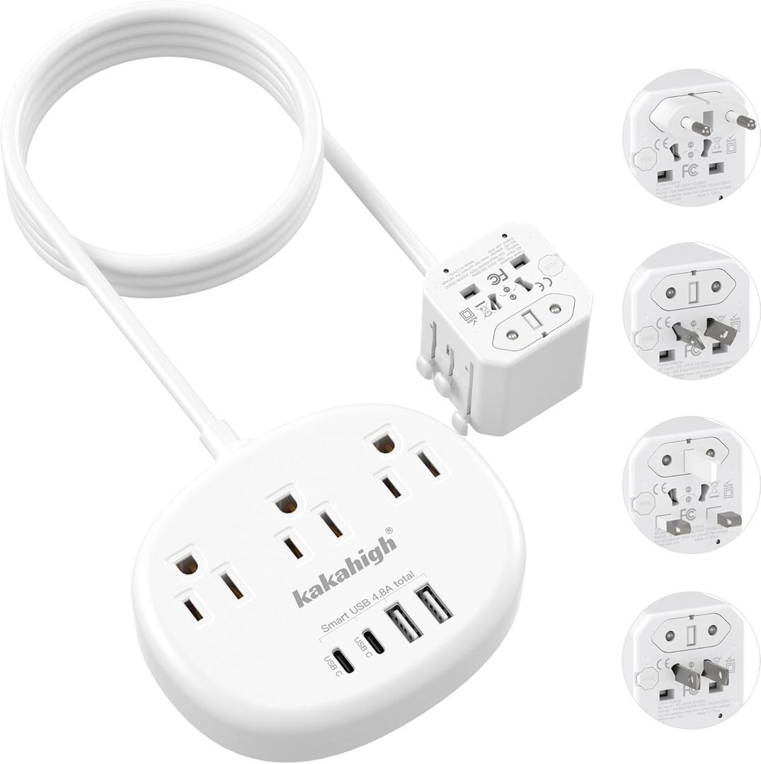 European Travel Plug Adapter with USB C, Multi Country Outlet Adapter with 3 AC Outlets and 4 USB Ports, Type A/C/G/I Plug Adapter for US to Most of Country, Universal Travel Adapter, 3FT