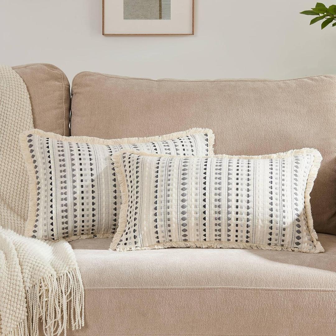 Embroidered Throw Pillow Cover Set of 2, Spring Summer Boho Farmhouse Decorative Pillow Case with Tassels, Textured Cushion Cases for Sofa Living Room Home Decor (Grey, 12" x 20")