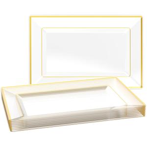 FOCUSLINE 8 PCS Plastic Serving Trays for Party, Clear and Gold Rim Serving Platters and Trays, Premium Plastic Fruit Tray, Disposable Platters for Cupcake, Dessert, Appetizers