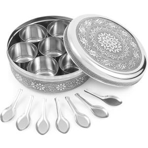 Designer Spice Container Masala Dabba, 7 Spice Jars, Holds 7 Spices, Spice Container Box, Polished Stainless Steel with 7 Serving Spoons, Indian Masala Dabba with Lid, 8 Inch