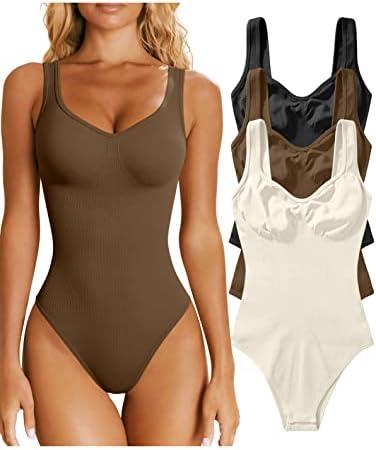 OQQ Women's 3 Piece Bodysuits Sexy Ribbed Sleeveless Shapewear Tank Tops 2025 Summer Leotard XL