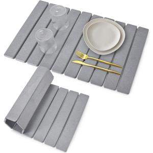 Stone Dish Drying Mat for Kitchen Counter  Collapsible 24"(L)16 (W) Super Absorbent Diatomaceous Earth Dish Drying Mat, Grey Kitchen Counter Mats for Dishes ,Bottles, Cups, Match Any Countertop