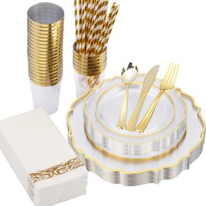 200 PCS Baroque Clear Gold Dinnerware Set for 25 Guests,Gold Rimmed Heavy Duty Plastic Disposable Plates for Party Wedding with Napkins,25Dinner Plates,Dessert Plates,Spoons,Forks,Knives,Cups
