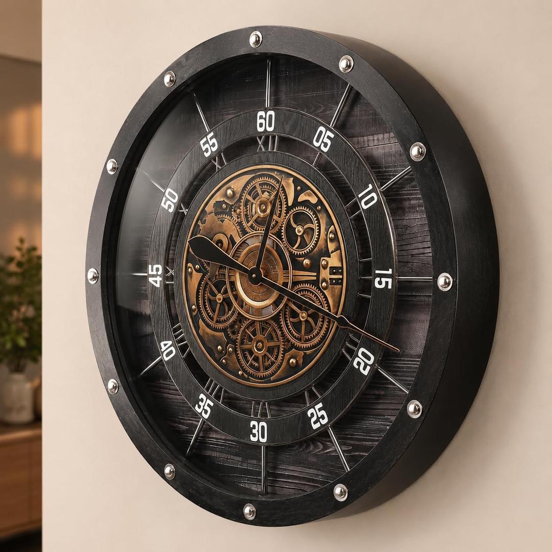 HOIBAI Large Wall Clock for Living Room Decor 36 Inch,Vintage Wood Black