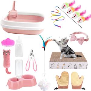 Kitten Starter Kit - 16 Pcs Cat Essentials Set Includes Litter Box, Toys, Collars, Scratch Pad, Nail File, Automatic Feed Bowls, Grooming Gloves (Pink, 16 Pcs)