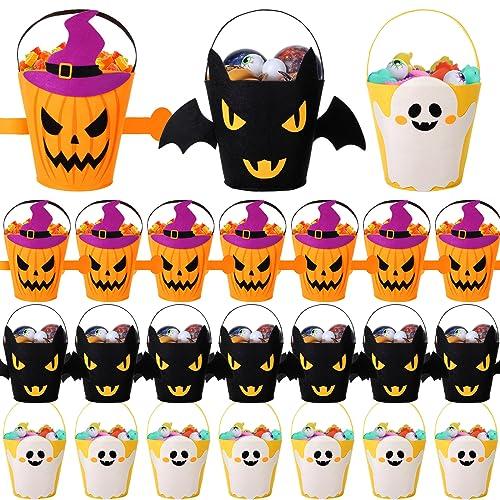 Xtinmee 24 Pieces Halloween Trick or Treat Bags Candy Tote Bucket Pumpkin Bats Ghost Reusable Portable Goody Collapsible Multipurpose Halloween Goodie Bags with Handle for Kids Party Supplies Gifts