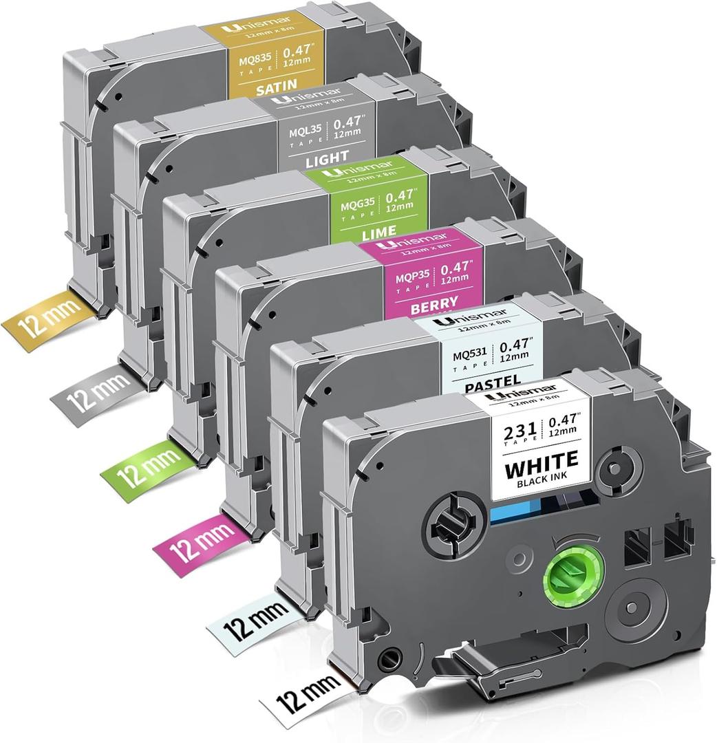 Unismar 6-Pack Compatible for Brother P Touch TZe-231 TZe TZ Label Tape 12mm 0.47 Laminated Colored for Ptouch PT-D210 D220 H110 D400 D410 Label Maker, White/Blue/Pink/Lime Green/Silver/Gold