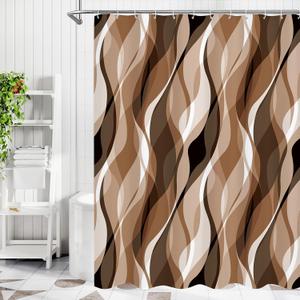 Brown Black Wavy Ombre Shower Curtain with Luxury Striped Design, Waterproof Quick-Dry Fabric, Modern Abstract Bathroom Curtain Set with 12 Hooks, 72x72 Inches