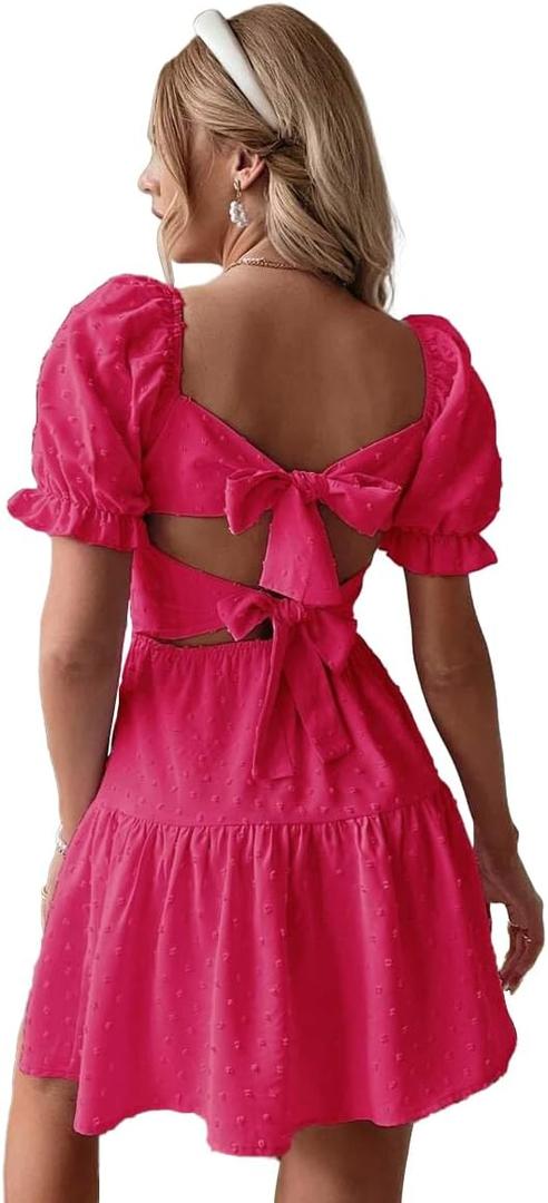 Narecte Summer Dresses for Women 2025, Tie Backless Swiss Dot Mini Dress, Ruffle Hem Flowy Casual Dresses (Medium, Hot Pink)