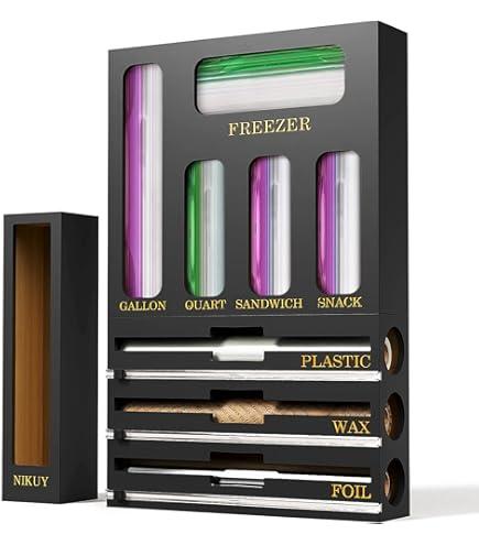NIKUY 9 IN 1 Bamboo Foil and Plastic Wrap Organizer for Kitchen Drawer, Plastic Bag Organizer Organization and Storage, Food Storage Bag Organizer (BLACK)