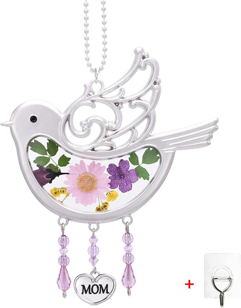 Laraine Bird Suncatcher with Pressed Flower Wings Mather's Day Birdie Glass Wind Chime Ornament Charm with Metal Heart Gifts for Mom Grandma Aunt Birthday (Pink, Mom)