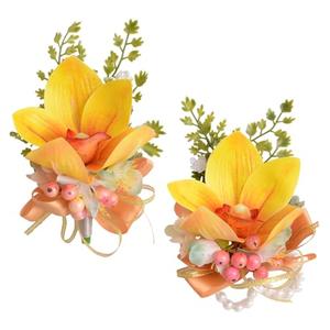 URROMA 2 Pcs Light Yellow Corsage Wrist Flower Set Artificial Hand Flower and Boutonniere Set for Homecoming Graduation Prom Bridal Wedding Party