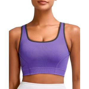 RUNNING GIRL Sports Bras for Women High Support,Seamless Ribbed Longline High Neck Sports Bra Racerback Padded Crop Top Yoga (Purple, M)