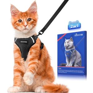 Halypet Cat Harness and Leash Set [ MAX Safety Third Generation ] Escape Proof Soft Adjustable Cat Leash Breathable Comfortable Vest Easy to Wear Kitten Harness for Outdoor Walking (Small (7-12lb), H200 Pro Black)