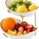 2 Tier Ceramic Fruit Bowl for Kitchen Counter, Tiered Fruit Basket for Countertop, Modern Multi Layer Fruit Display Stand for Party, Cute & Smal (Gold-rimmed)