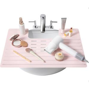 Bathroom Sink Cover for Counter Space, Heat Resistant Silicone Mat & Makeup Mat for Your Beauty Routine, Small Bathroom Space Saver Sink Cover for Makeup (Rose Pink, 22 x 2 x 2 Inches)
