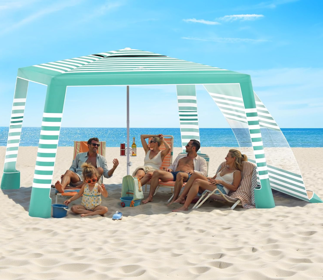 Rhino Valley Beach Cabana, 8 * 8FT Beach Tent UPF50+ Protection, Easy Setup Beach Canopy Wind Resistant with Cup Holder, Compact Beach Shade Foldable Beach Tent Sun Shelter, Green White