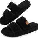LongBay Slippers for Women Memory Foam Open Toe Slide Indoor House Shoes Slip On Bedroom Comfy Gift (7-8, Black)