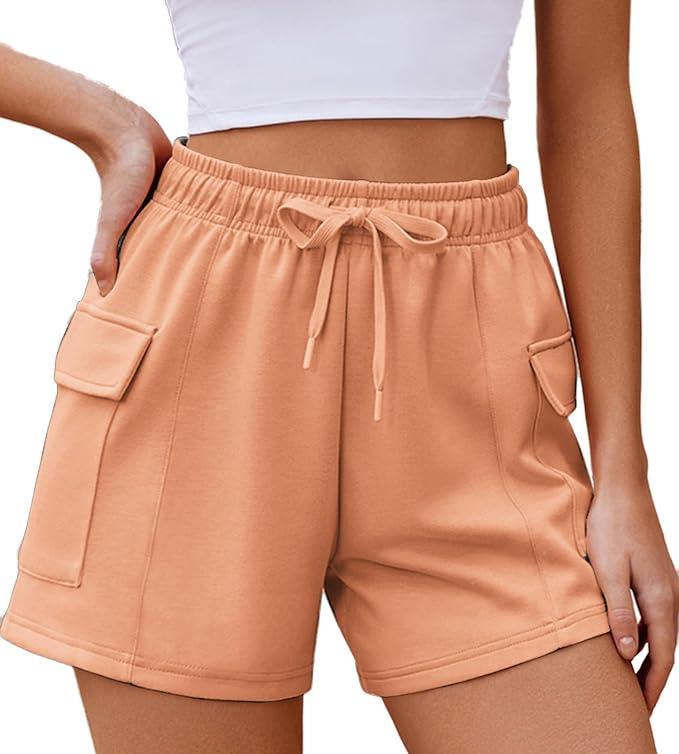 PINSPARK Sweat Short Womens Soft Comfy Summer Shorts Workout Athletic Wear Elastic High Waisted Cargo Pockets, Peach Fuzz, Large